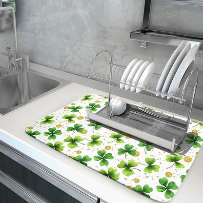 Green Shamrock St. Patrick's Day Dish Drying Mat 18 x 24 Inch With Absorbent Reversible Microfiber Lucky Clover Drying Spring Dish Drainer Mat Fast Dry For Kitchen Dining Room Decor