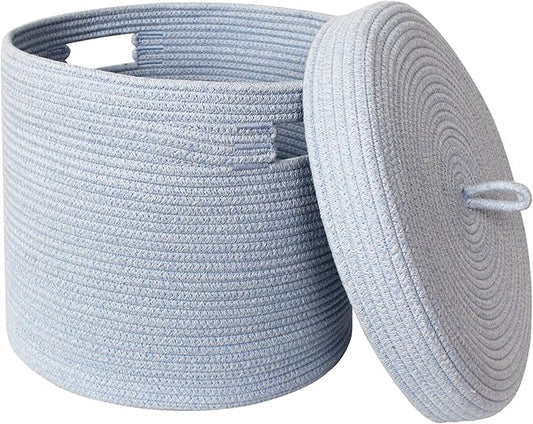Storage Basket with Lid, Woven Blanket Storage for Living Room, Soft Cotton Rope Bin with Lid, Round Wicker Laundry Basket with Cover, Lidded Kid Dog Toy Box, Nursery Organizer, 15"x13", Blue