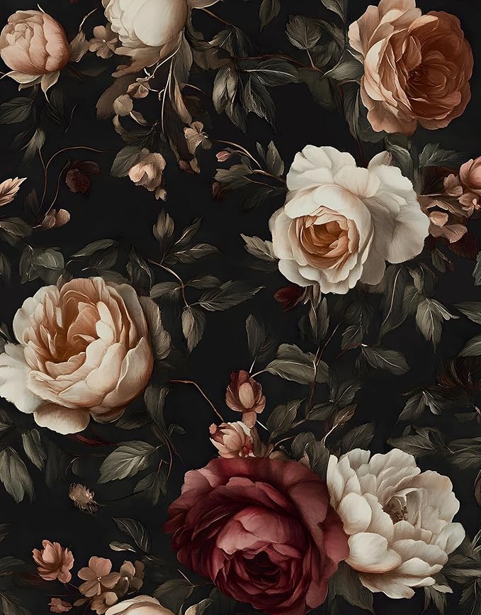 Floral Wallpaper Peel and Stick, Vintage Dark Black/White/Red Rose Contact Paper 17.5" x 197" , Retro Flowers Wall Paper Self Adhesive Waterproof Removable for Room Shelves Cabinet Drawer Table Decor