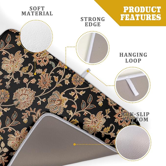 Vintage Tapestry Floral Dish Drying Pad 18 x 24 Inch With Absorbent Reversible Microfiber Black Brown Boho Carpet Flowers Drying Mats Dish Drainer Mat Fast Dry For Kitchen Dining Room Decoration