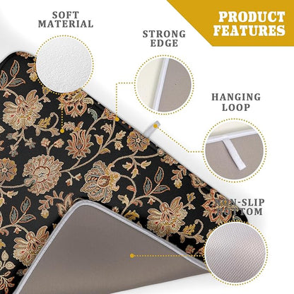 Vintage Tapestry Floral Dish Drying Pad 18 x 24 Inch With Absorbent Reversible Microfiber Black Brown Boho Carpet Flowers Drying Mats Dish Drainer Mat Fast Dry For Kitchen Dining Room Decoration