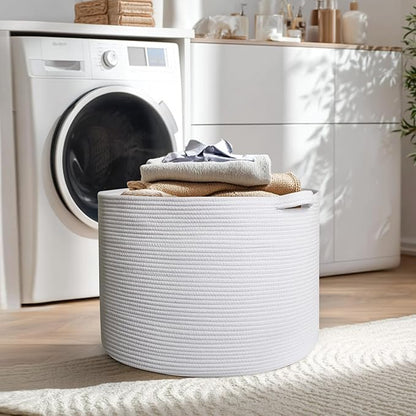 115L White Cotton Rope Storage Basket, 23.6"x15.7" Extra Large Blanket Storage Living Room, XXXL Soft Toy Bin for Organizing, Woven Baby Laundry Basket with Handle, Wicker Hamper Nursery
