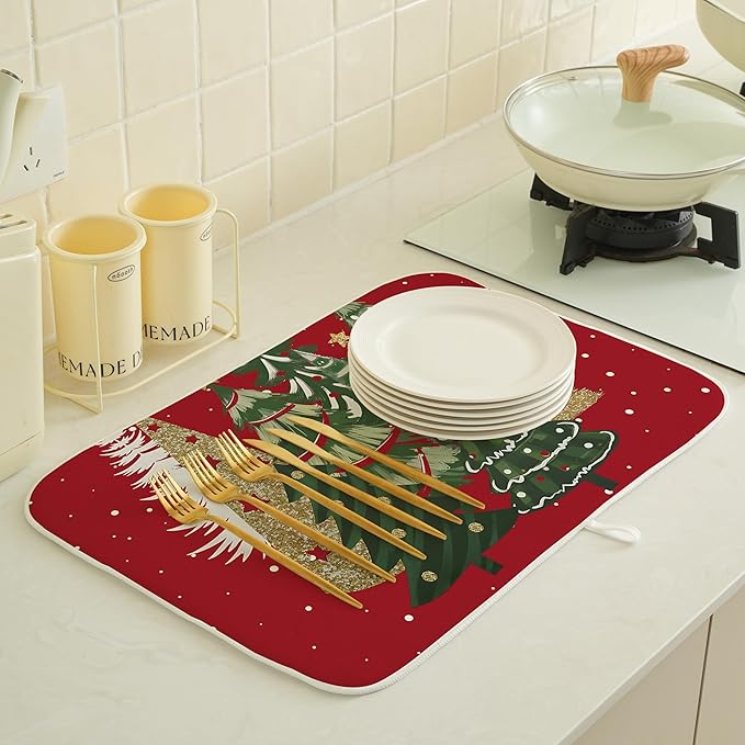 Christmas Dish Drying Mat 18x24 Inches For Kitchen Counter Red Green Christmas Tree Kitchen Decoration Drying Mat Modern Decorative Pad For Home Kitchen Decor,Dining Room,Office Decor