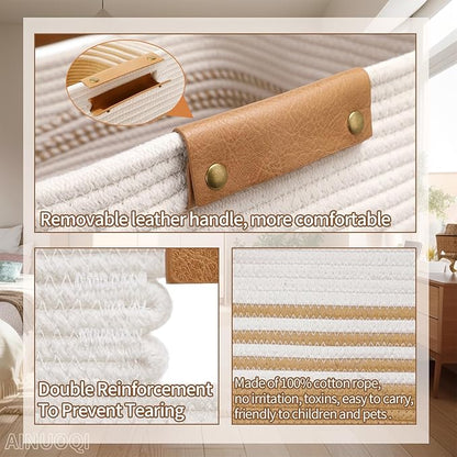 Laundry Hamper Large Laundry Basket with Leather Handles, Decorative Storage Cotton Rope Woven Basket for Blankets, Clothes Hamper for Living Room, Jute & White, 85L