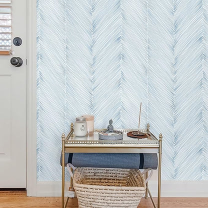 Modern Peel and Stick Wallpaper A Set of 17.3"x1200" Grey Blue Herringbone Striped Wall Paper Boho Self-Adhesive Removable Contact Paper for Cabinets Bathroom Bedroom Wall Decor