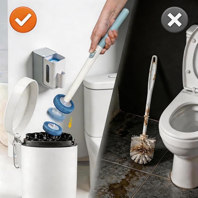 Disposable Toilet Bowl Cleaner Wand, Compact Toilet Brush and Holder with 32 Pre-Loaded Cleaner Refills, Wall-Mounted Disposable Toilet Brush Ideal for RV, Camper and Small Bathroom