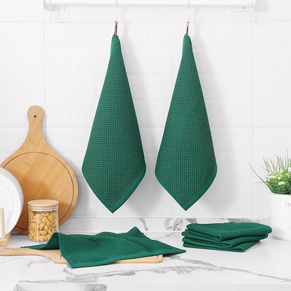 Kitinjoy 100% Cotton Kitchen Dish Cloths (12 X 12 Inches, Dark Green), 6 Pack Waffle Weave Ultra Soft Absorbent Dish Towels for Drying Dishes Quick Drying Kitchen Towels Dish Rags