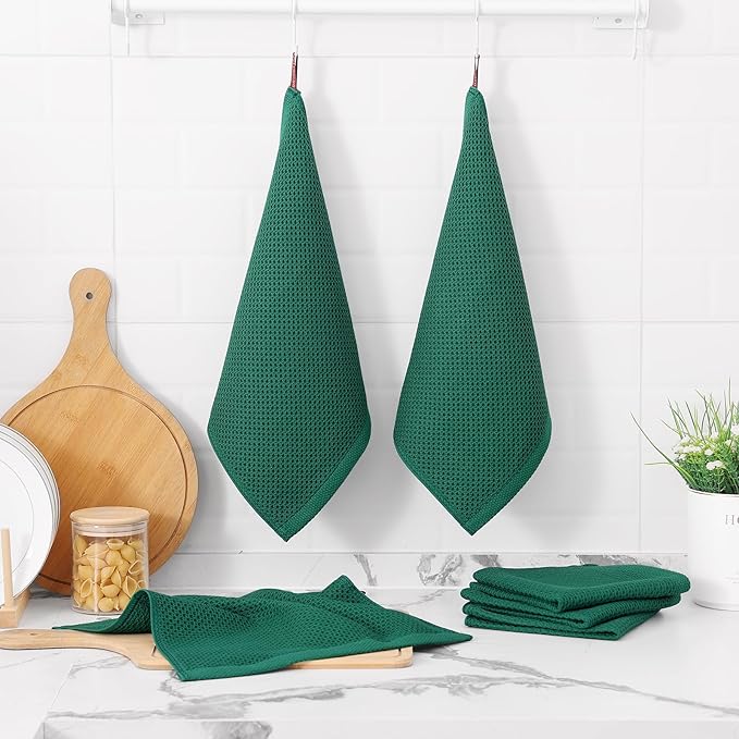 Kitinjoy 100% Cotton Kitchen Dish Cloths (12 X 12 Inches, Dark Green), 8 Pack Waffle Weave Ultra Soft Absorbent Dish Towels for Drying Dishes Quick Drying Kitchen Towels Dish Rags