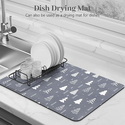 Bloss Christmas Dish Drying Mat, 16"x24" Absorbent Bar Mat with Waterproof Rubber Back, Fit Under Coffee Maker Machine/Kitchen Counter