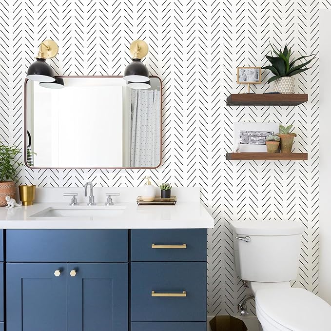 Orainege Black and White Wallpaper Peel and Stick Wallpaper Modern Herringbone Contact Paper for Bathroom 17.7in x 393.7in Geometric Self Adhesive Wall Paper for Bedroom Living Room Removable