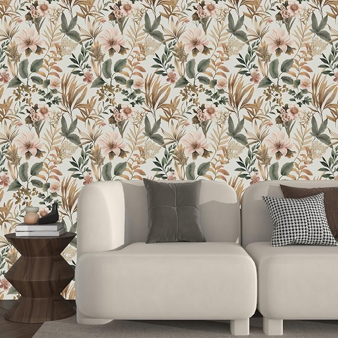 Vintage Floral Peel and Stick Wallpaper Pink Green Gold Botanical Contact Paper Vinyl Self Adhesive Removable Retro Leaf Wall Mural for Living Room Walls Cabinet Dresser Table Decor 17.5" x 118"