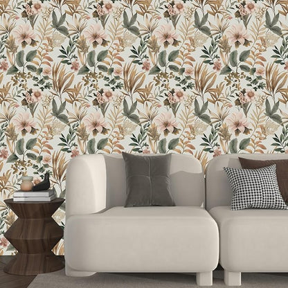 Vintage Floral Peel and Stick Wallpaper Pink Green Gold Botanical Contact Paper Vinyl Self Adhesive Removable Retro Leaf Wall Mural for Living Room Walls Cabinet Dresser Table Decor 17.5" x 118"