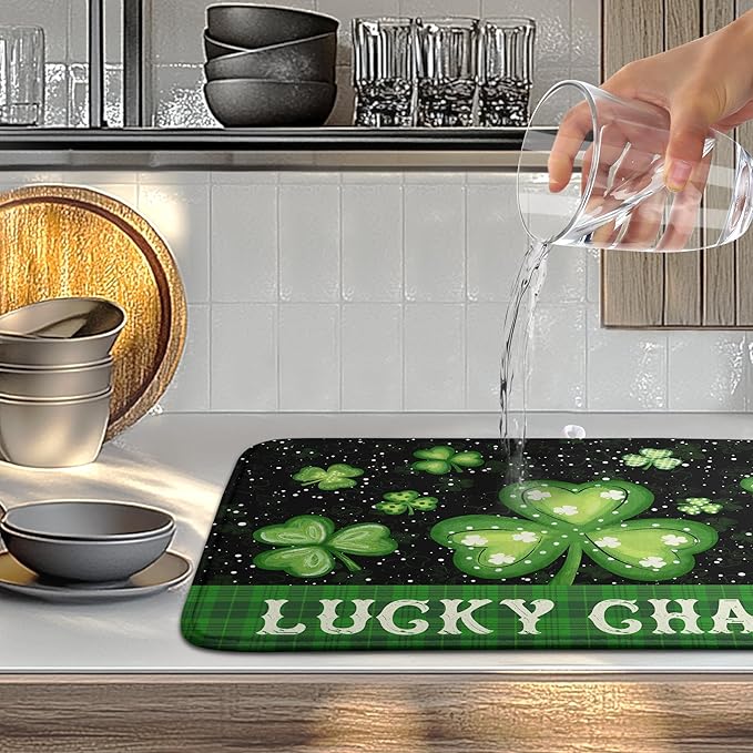 St Patricks Day Spring Dish Drying Mats St Patrick's Day Lucky Dish Mat Shamrock Drying Matt Dishes Dryer Pad for Kitchen Counter Absorbent Microfiber Washable Foldable Reusable 18x24 in