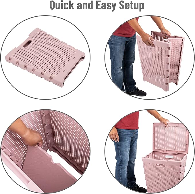 Mind Reader 61L Foldable Laundry Hamper, Clothes Basket, Lid, Wicker Design, Plastic, 18"L x 14.5"W x 21.25"H, Pink