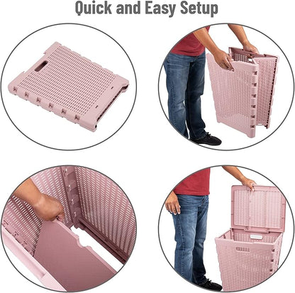 Mind Reader 61L Foldable Laundry Hamper, Clothes Basket, Lid, Wicker Design, Plastic, 18"L x 14.5"W x 21.25"H, Pink