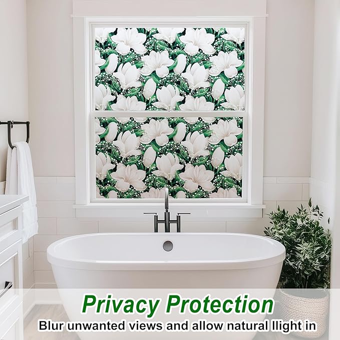 Frosted Glass Window Film, Heat Insulation, UV Block, Anti-Glare, One Way Privacy Tint, Static Cling for Home Bathroom Door, Renter Friendly, Day & Night Privacy