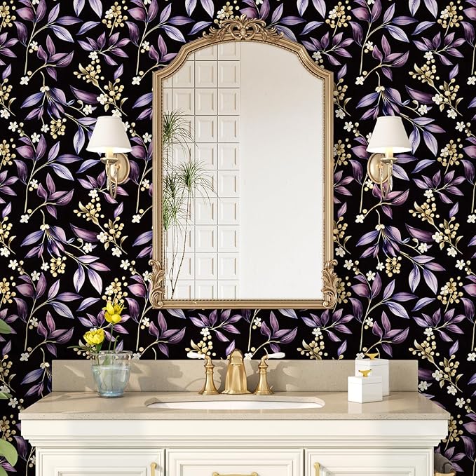 Extra Long Vintage Purple Leaves Wallpaper, 17.5In x 393In Black Botanical Design Self-Adhesive Removable Wall Paper for Bedroom Bathroom Cubicle Vinyl Dark Moody Contact Paper Wall Decor
