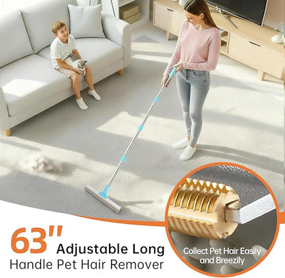 Carpet Rake for Pet Hair Removal Tool, 2 in 1 TPU and Copper Rake Teeth Uproot Clean Hair Remover with 63’’ Adjustable Long Handle, Reusable Cat & Dog Fur Broom for Carpets,Rugs, Mats