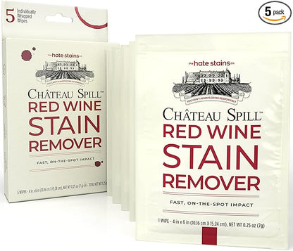 Chateau Spill Red Wine Stain Remover Wipes - 5 Count Individually Wrapped to go Wipes for Stubborn Stains on Clothes, Tablecloth, Carpet, Upholstery and Laundry