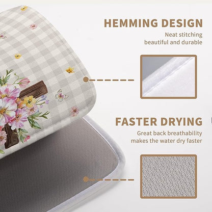 Easter Bunny Dish Drying Mats Spring Floral Dish Mat Easter Cross Eggs Drying Matt Dishes Dryer Pad for Kitchen Counter Absorbent Microfiber Washable Foldable Reusable 18x24 in