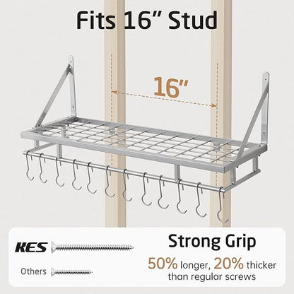 KES 30-Inch Silver Gray Pot Rack, Wall Mounted Hanging Pot and Pan Organizer with 12 Sturdy Hooks, Kitchen Wall Hanger Shelves Modern, KUR215S75A-SG