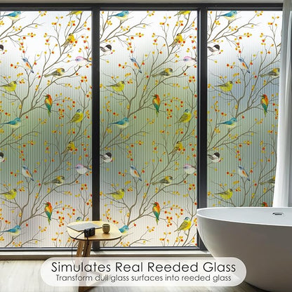 DKTIE Reeded Glass Window Film Seamless Pattern with Colored Birds Bathroom Window Privacy Film Waterproof Easy to Install Renter Friendly (S3533R, 17.7in X 78.7in)