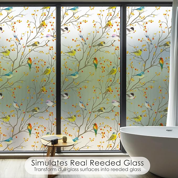 DKTIE Reeded Glass Window Film Seamless Pattern with Colored Birds Bathroom Window Privacy Film Waterproof Easy to Install Renter Friendly (S3533R, 35.4in X 78.7in)