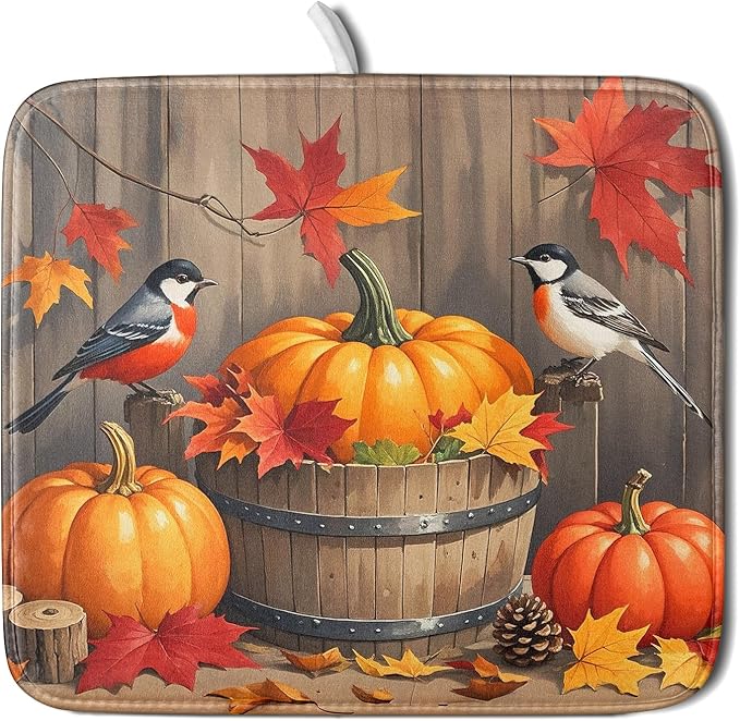 Fall Dish Drying Mat for Kitchen Counter 16x18 Autumn Pumpkin Birds Harvest Theme Thanksgiving Absorbent Reversible Microfiber Drying Mats Kitchen Countertop Protector Dishes Drainer Pad