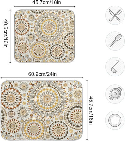 Mandala Ethnic Bohemian Ornament Dish Drying Mat for Kitchen Counter Absorbent Microfiber Drying Pad, Medium 16x18 in, Reversible Drainer Mats