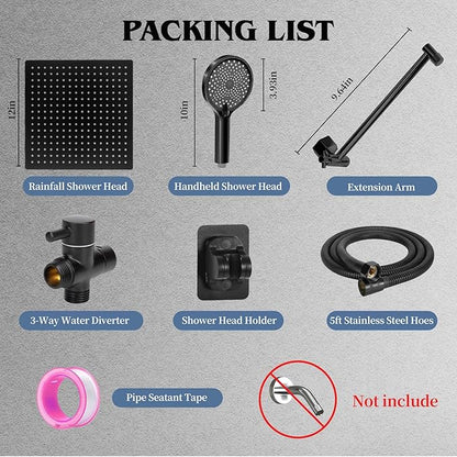 12 Inch Shower Head, Rain Shower Head with Adustable Extension Arm, Detachable Matte Black Rina Shower Head with Handheld Spray, High Pressure Shower Hose with Holder in Bathroom(Black)