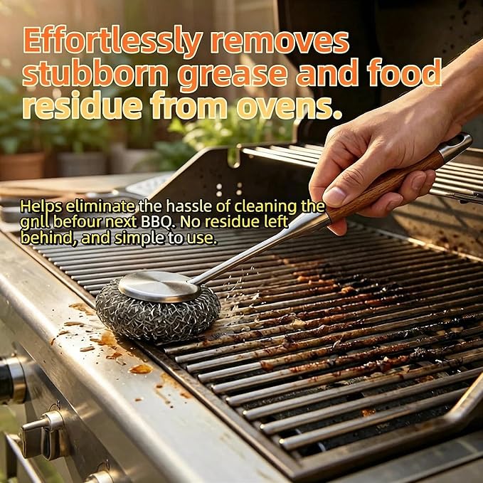 Stainless Steel Scrubber Set, Steel Wool & Steel Ball Cleaning Brush with Replaceable Heads, Heavy Duty Steel Cleaner for Oven, Stove, Dishes & Grill,4Pcs Includes 2 Pcs Pads