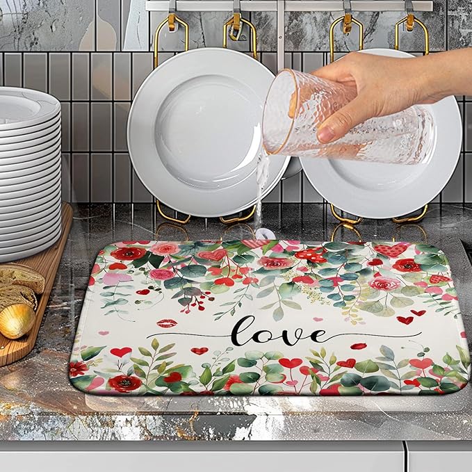 Valentines Day Love Heart Rose Eucalyptus Leaves Dish Drying Mat for Kitchen Counter 16x18 Inch Spring Valentine Microfiber Absorbent Dish Drainer Mats Reversible Drying Pad