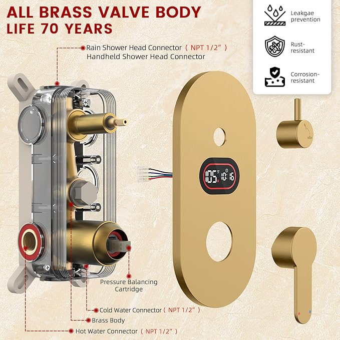 Round Shower Faucet Set with Hydro Power Temperature Display, Shower System Bathroom 10 Inch Shower Head with Handheld Spray, Wall Mounted Shower Fixtures with Shower Valve and Trim Kit, Brushed Gold