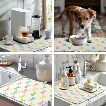 Easter Bunny Dish Drying Mat Colorful Cute Rabbits Kitchen Drying Mat Spring Microfiber Dish Dryer Pad Absorbent Reversible Dish Drainer Rack Mat Washable Dish Mat for Kitchen Countertop 18x24 Inch