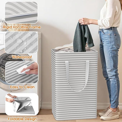 3 Pack Laundry Basket, Waterproof & Freestanding Large Laundry Hamper, Collapsible Clothes Hampers with Easy Carry Long & Reinforced Handles in Bedroom Bathroom, College Dorm(75Lx3, Gray)