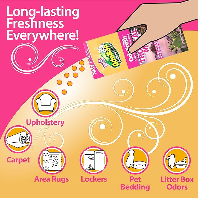 OdoBan OdoFresh Carpet and Room Deodorizer Powder for Home Smells and Odors Including Smoke, Pet Urine, Dogs, and Cat Litter, Made in the USA, Tropical Scent, 36 Ounces
