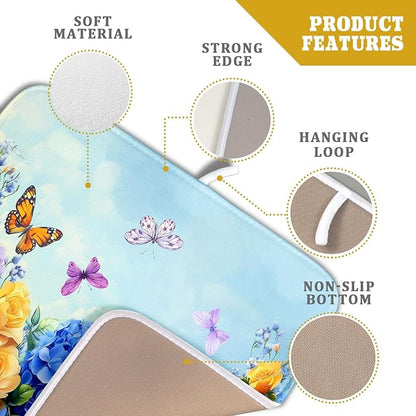 Spring Blue Yellow Hydrangeas Flowers Dish Drying Mat for Kitchen Counter,Colorful Butterflies Flying Drying Mat 16 x 18 Inch with High Absorbent Microfiber Drainer Mat for Coffee Bar
