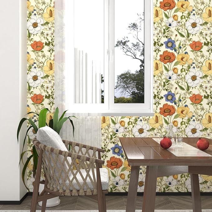 Floral Wallpaper Peel and Stick, Yellow/Orange Blooming Flowers Contact Paper, Vintage Botanical Wall Paper Self Adhesive Waterproof Removable for Bedroom Shelves Cabinet Drawer Table 17.5" x 393.7"