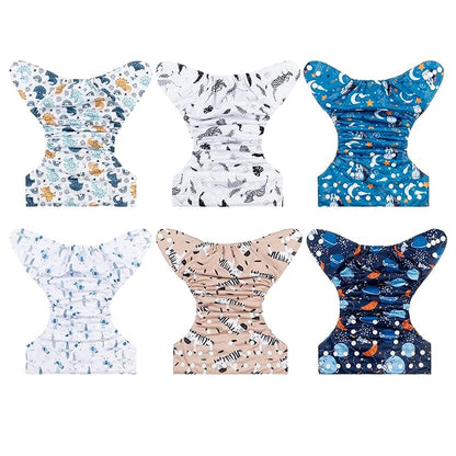 babygoal Reusable Cloth Diapers 6 Pack+6pcs Rayon from Bamboo Inserts+Wet Bag, One Size Adjustable Washable Pocket Nappy Covers for Baby Boys and Girls 6FB36