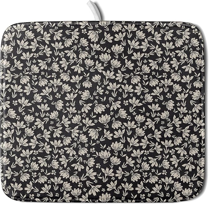 Floral Dish Drying Mat for Kitchen Counter 18x16 Inch Black Flower Drying Mat with Absorbent Reversible Microfiber Holiday Season Spring Dish Drainer Mats Rack Pad for Coffee Countertop Protector