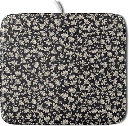 Floral Dish Drying Mat for Kitchen Counter 18x16 Inch Black Flower Drying Mat with Absorbent Reversible Microfiber Holiday Season Spring Dish Drainer Mats Rack Pad for Coffee Countertop Protector