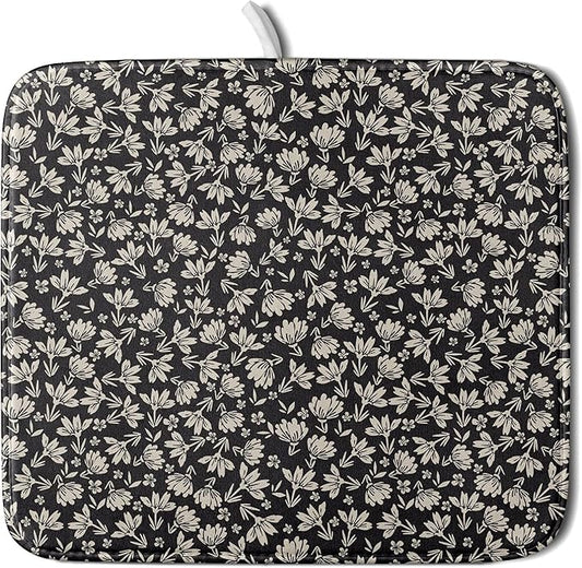 Floral Dish Drying Mat for Kitchen Counter 18x16 Inch Black Flower Drying Mat with Absorbent Reversible Microfiber Holiday Season Spring Dish Drainer Mats Rack Pad for Coffee Countertop Protector
