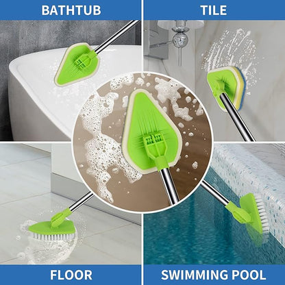 2 in 1 Scrub Cleaning Brush with 37” Long Extendable Handle,1 Stiff Bristle and 3 Sponge Brushes, Lightweigh Detachable Shower Scrubber for Cleaning Bathroom Shower Bathtub Glass Tile Floor
