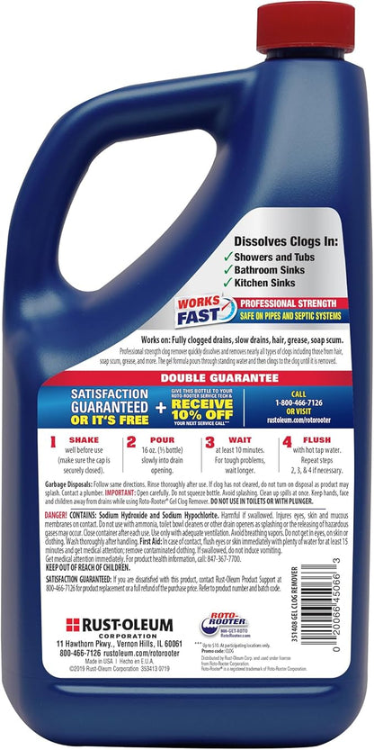Roto-Rooter Gel Clog Remover Drain Cleaner, Thick Gel Helps Clear Slow Drains and Break Down Hair, Grease and Soap Buildup, Suitable for Pipes, Toilets, Showers and Sinks, 80 oz