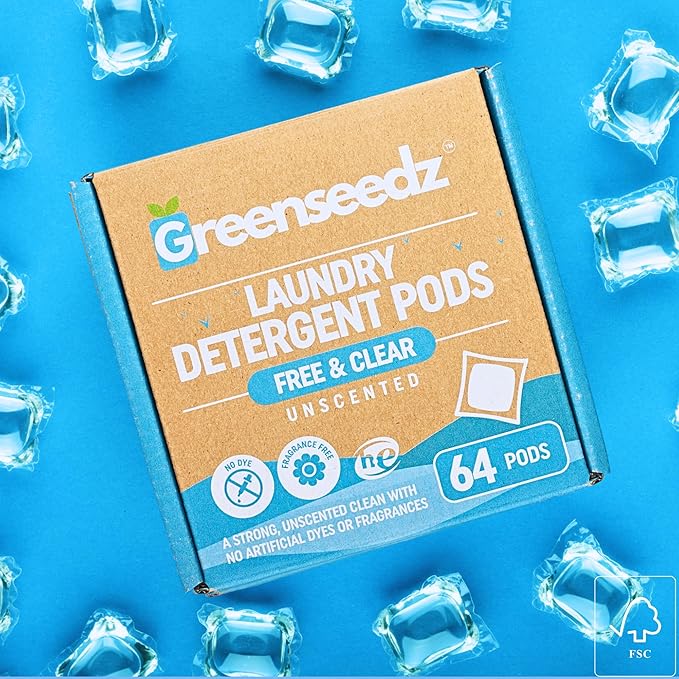 Laundry Detergent Pods Free & Clear, Unscented, 64 Count, Eco Friendly, Biodegradable, HE Compatible, Powerful Stain & Odor Removal