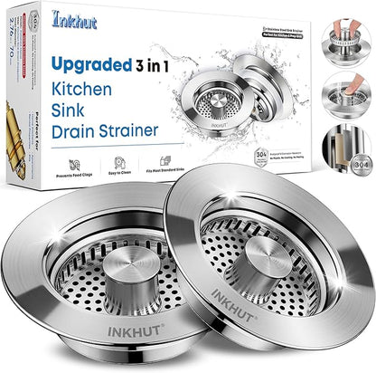 Upgraded 3 in 1 Kitchen Sink Drain Strainer - Stainless Steel Sink Stopper, Anti-Clogging Sink Food Catcher Basket, Fast Drainage Odor Filter Sink Plug for US Standard 3 1/2 inch Drain (Silver-2Pack)