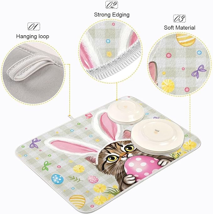 Happy Easter Day Pink Dish Drying Mat Quick Absorbent 18x24 Easter Bunny Rabbit Eggs Butterfly Lily Flowers Kitchen Drying Mat for Countertop Sink Reusable Dishes Mats Kitchen Essentials
