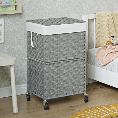 Chrislley 90L Slim Laundry Hamper with Wheels, Rolling Laundry Basket with Lid and Renovable Liner Bag, Handwoven Rattan Organizer for bedroom, bathroom, laundry room (Grey)