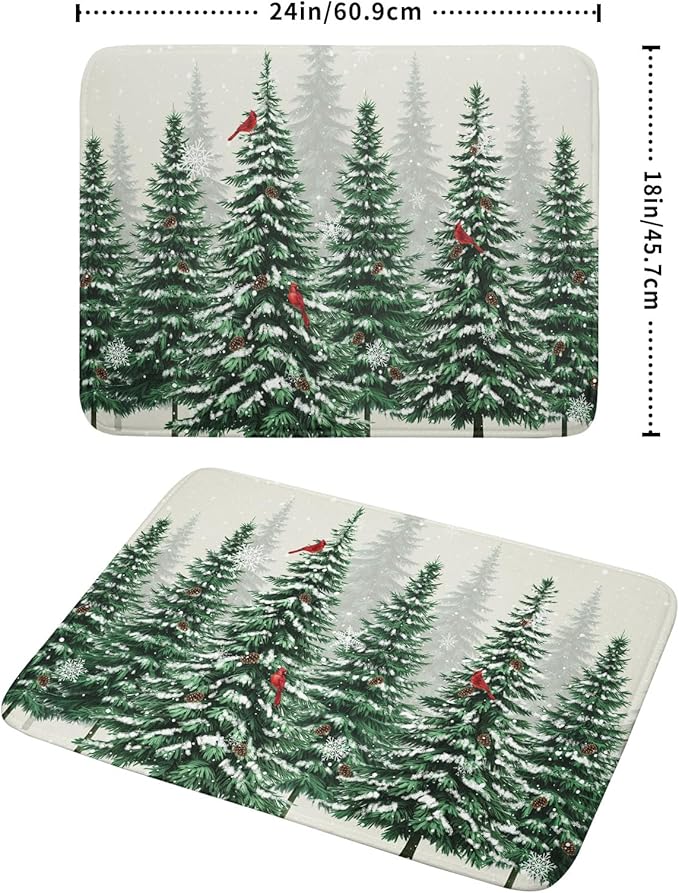 Winter Green Pine Tree Dish Drying Mat for Kitchen Counter,Red Bird Snowflake Drying Mat 18 x 24 Inch with High Absorbent Microfiber Drainer Mat for Coffee Bar