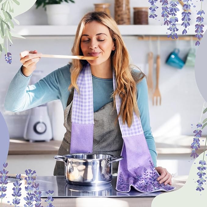 4 Pack Lavender Kitchen Scarf Boa Dish Towel Decor 4 x 68 Inch for Holiday Cooking Baking Accessories Plaid Cotton